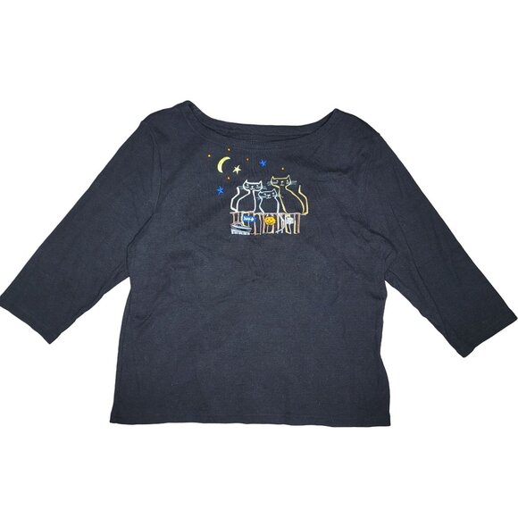 Onque Casuals Black Embroidered beaded Cats Halloween Long Sleeve Shirt Size XL - Picture 2 of 7